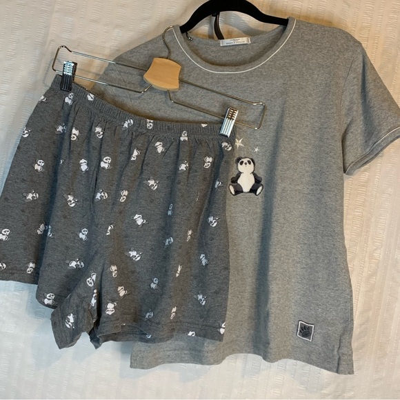Marks & Spencer 2pc pajama set size Uk12 US8 medium grey with panda bears print - Picture 1 of 11